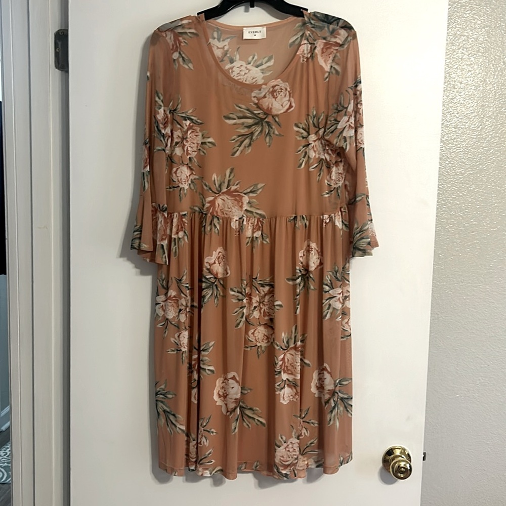 Everly Peach Sheer Overlay Dress with Floral Print Size L
